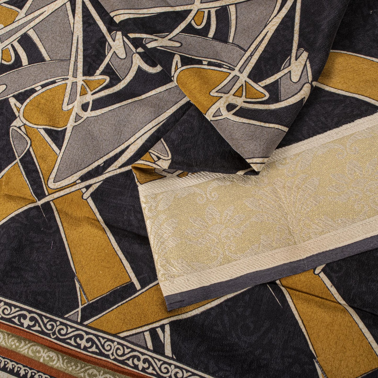 Sanskriti Vintage Saree Black Pure Crepe Abstract Print  Sari 5+Yd Craft Fabric