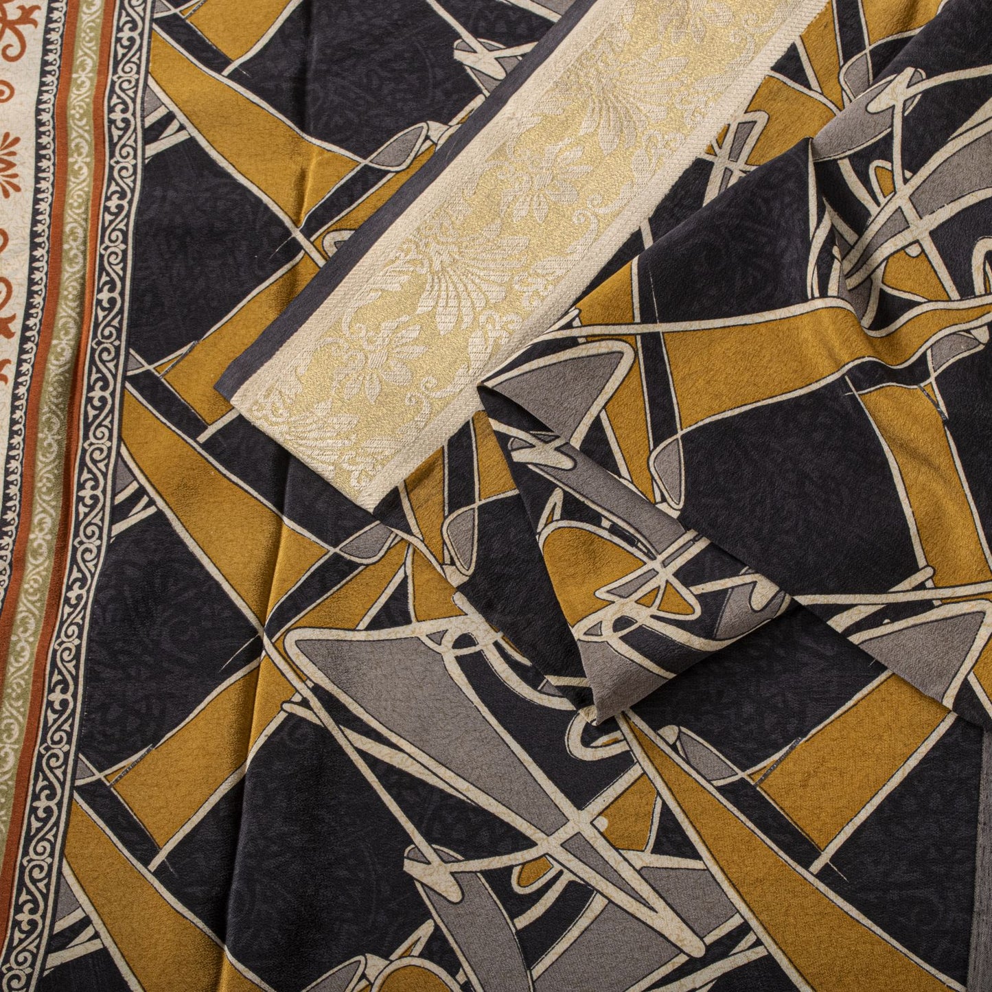 Sanskriti Vintage Saree Black Pure Crepe Abstract Print  Sari 5+Yd Craft Fabric