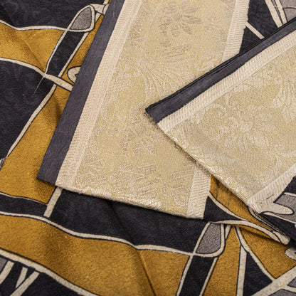 Sanskriti Vintage Saree Black Pure Crepe Abstract Print  Sari 5+Yd Craft Fabric
