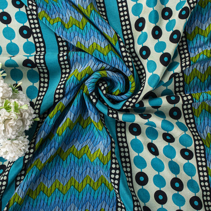Sanskriti Vintage Saree Blue Pure Crepe Geometric Print Sari 5.5+Yd Craft Fabric