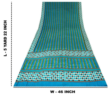 Sanskriti Vintage Saree Blue Pure Crepe Geometric Print Sari 5.5+Yd Craft Fabric