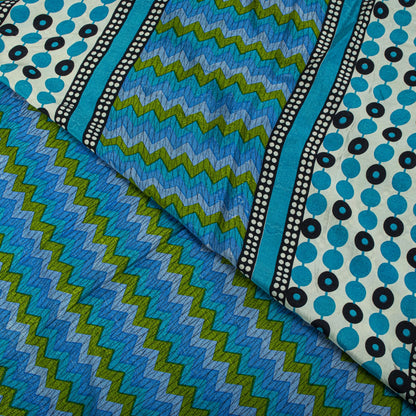 Sanskriti Vintage Saree Blue Pure Crepe Geometric Print Sari 5.5+Yd Craft Fabric
