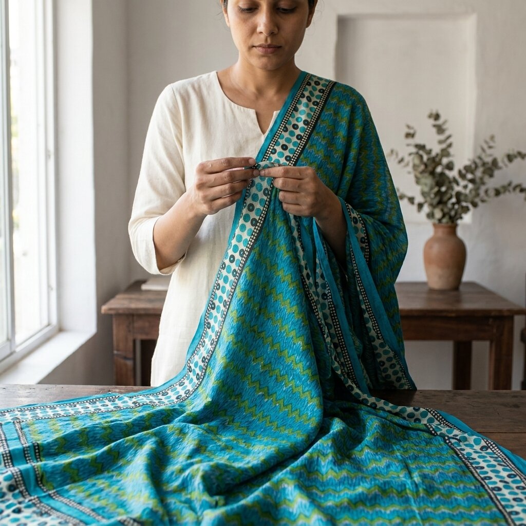 Sanskriti Vintage Saree Blue Pure Crepe Geometric Print Sari 5.5+Yd Craft Fabric