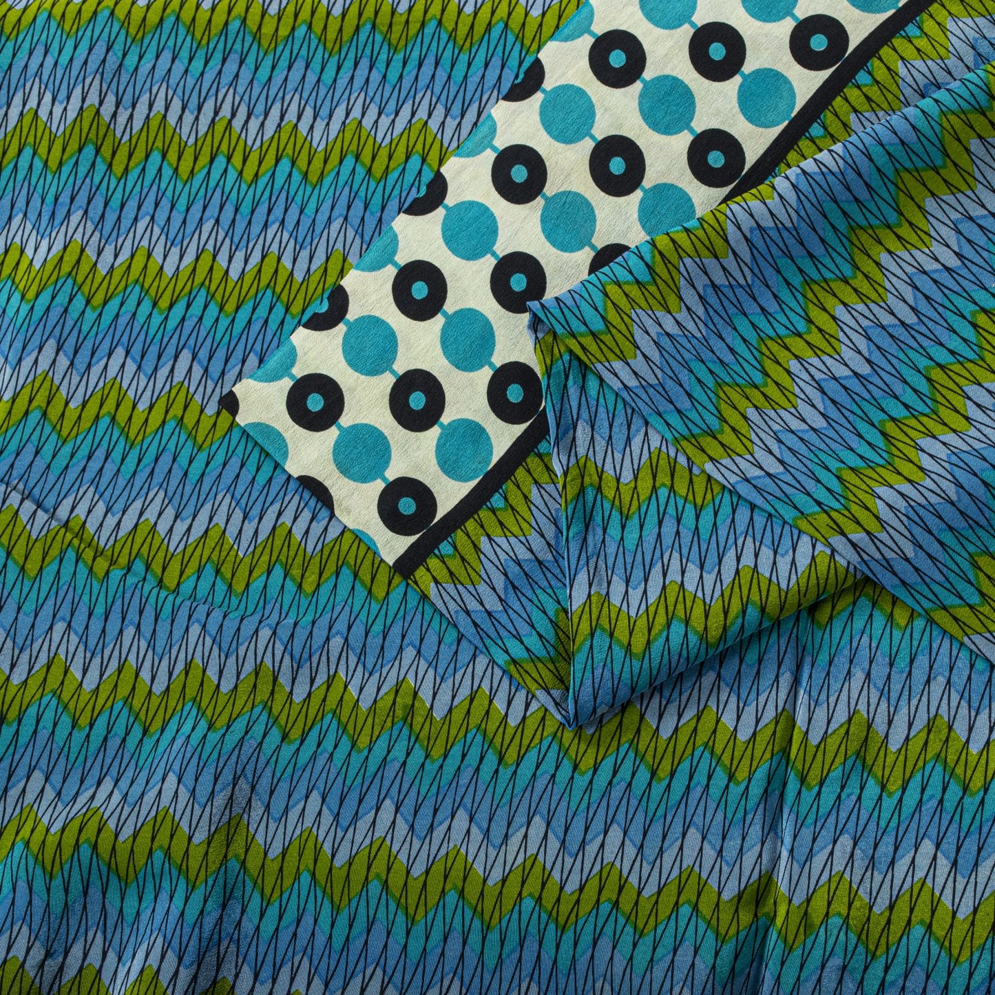 Sanskriti Vintage Saree Blue Pure Crepe Geometric Print Sari 5.5+Yd Craft Fabric