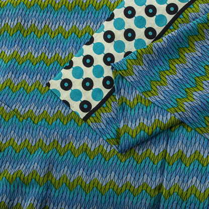 Sanskriti Vintage Saree Blue Pure Crepe Geometric Print Sari 5.5+Yd Craft Fabric
