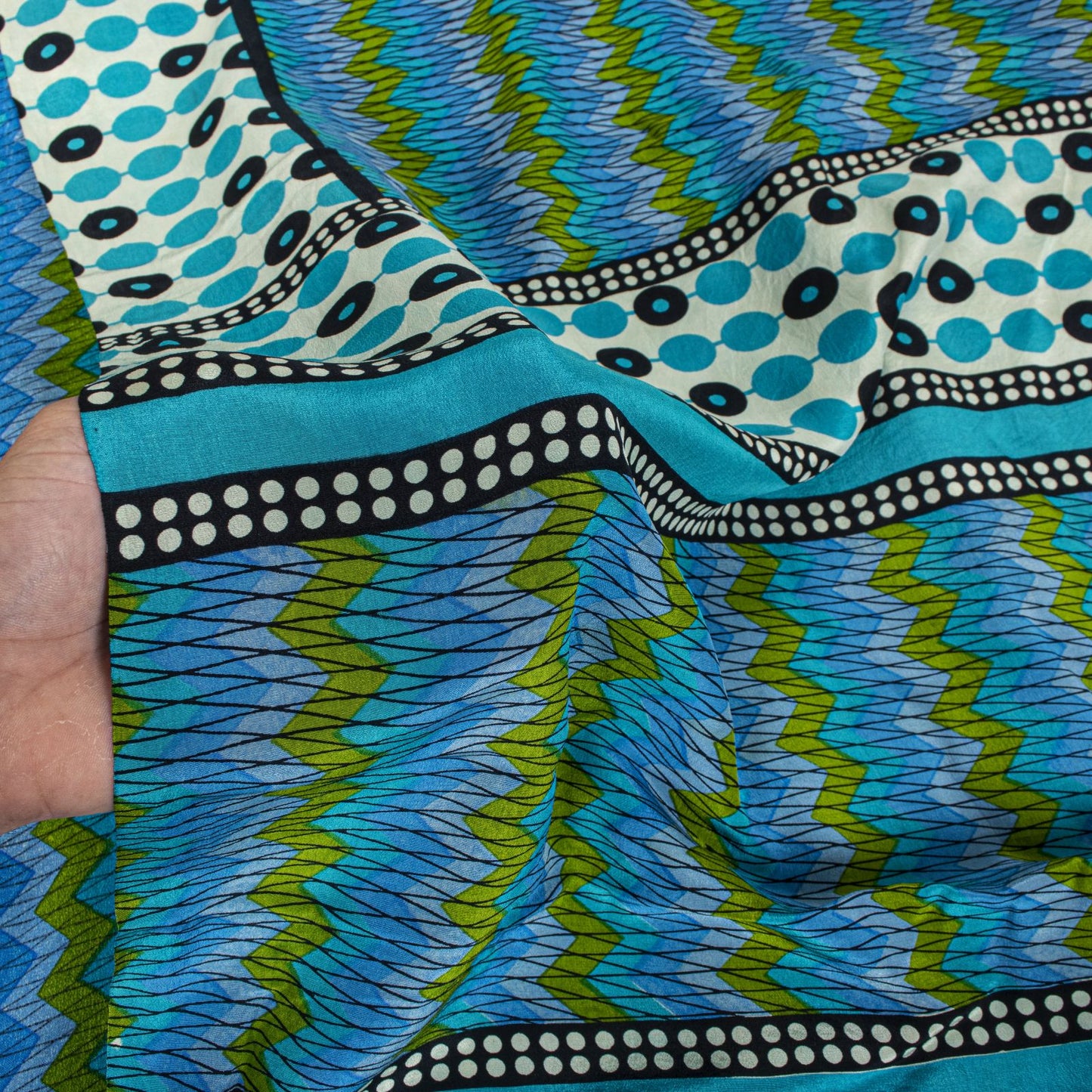 Sanskriti Vintage Saree Blue Pure Crepe Geometric Print Sari 5.5+Yd Craft Fabric