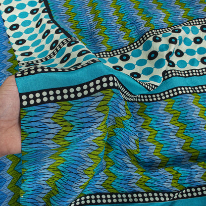 Sanskriti Vintage Saree Blue Pure Crepe Geometric Print Sari 5.5+Yd Craft Fabric