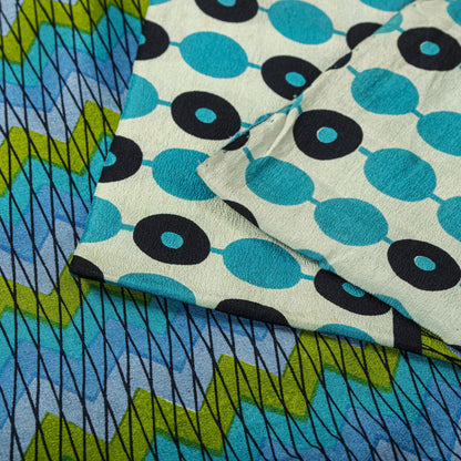 Sanskriti Vintage Saree Blue Pure Crepe Geometric Print Sari 5.5+Yd Craft Fabric
