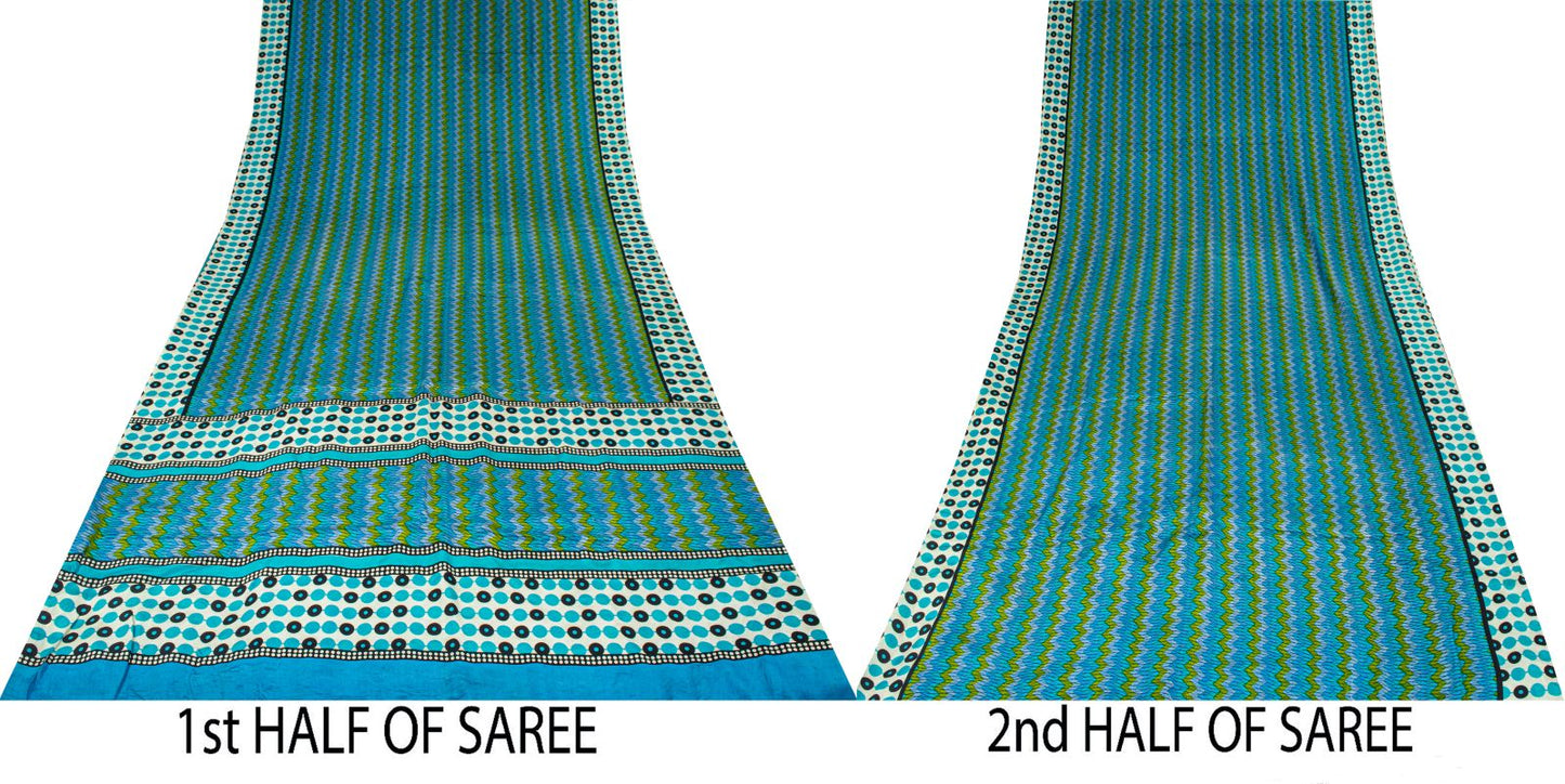 Sanskriti Vintage Saree Blue Pure Crepe Geometric Print Sari 5.5+Yd Craft Fabric