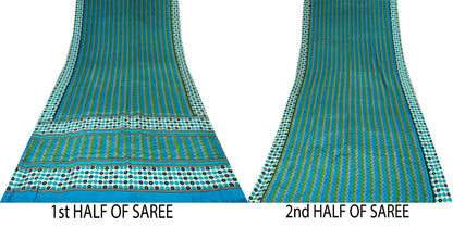 Sanskriti Vintage Saree Blue Pure Crepe Geometric Print Sari 5.5+Yd Craft Fabric