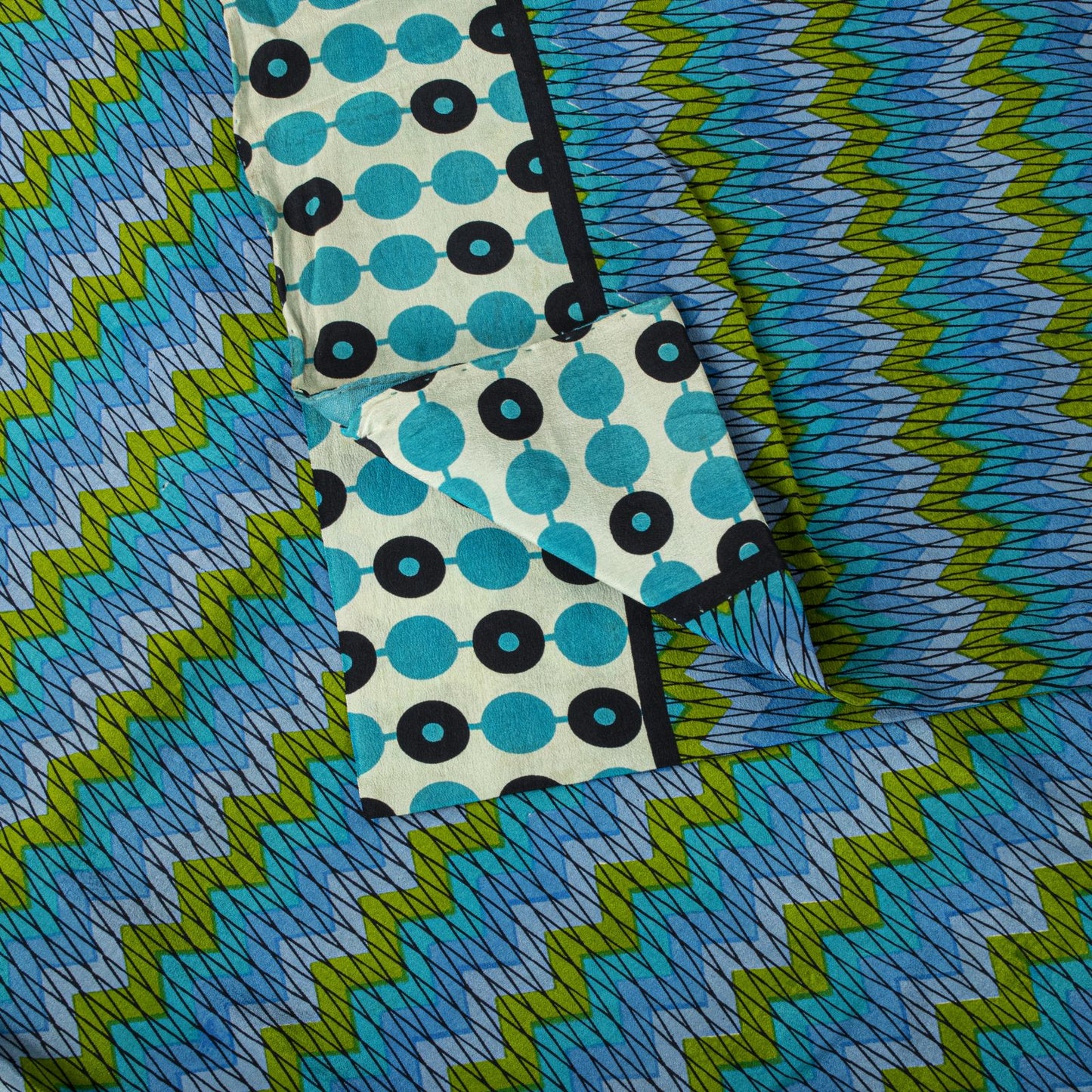 Sanskriti Vintage Saree Blue Pure Crepe Geometric Print Sari 5.5+Yd Craft Fabric