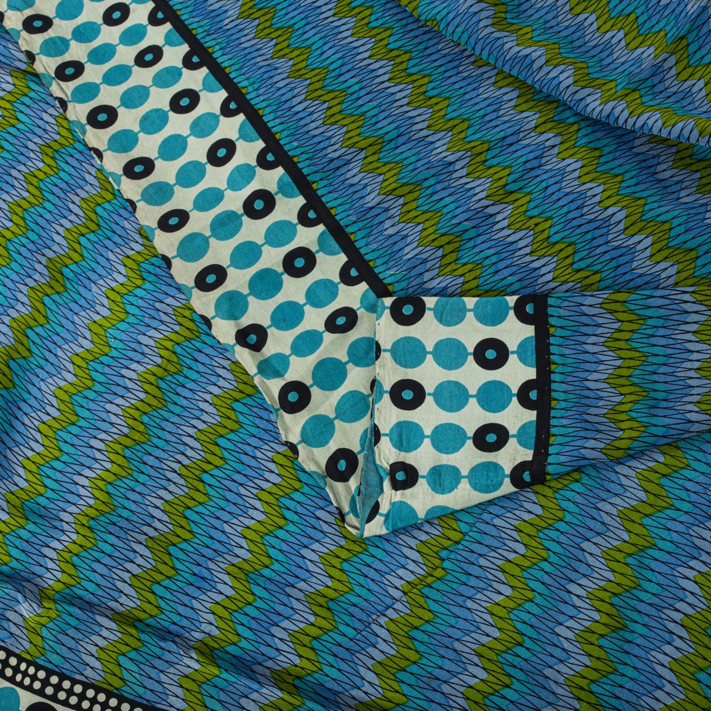 Sanskriti Vintage Saree Blue Pure Crepe Geometric Print Sari 5.5+Yd Craft Fabric