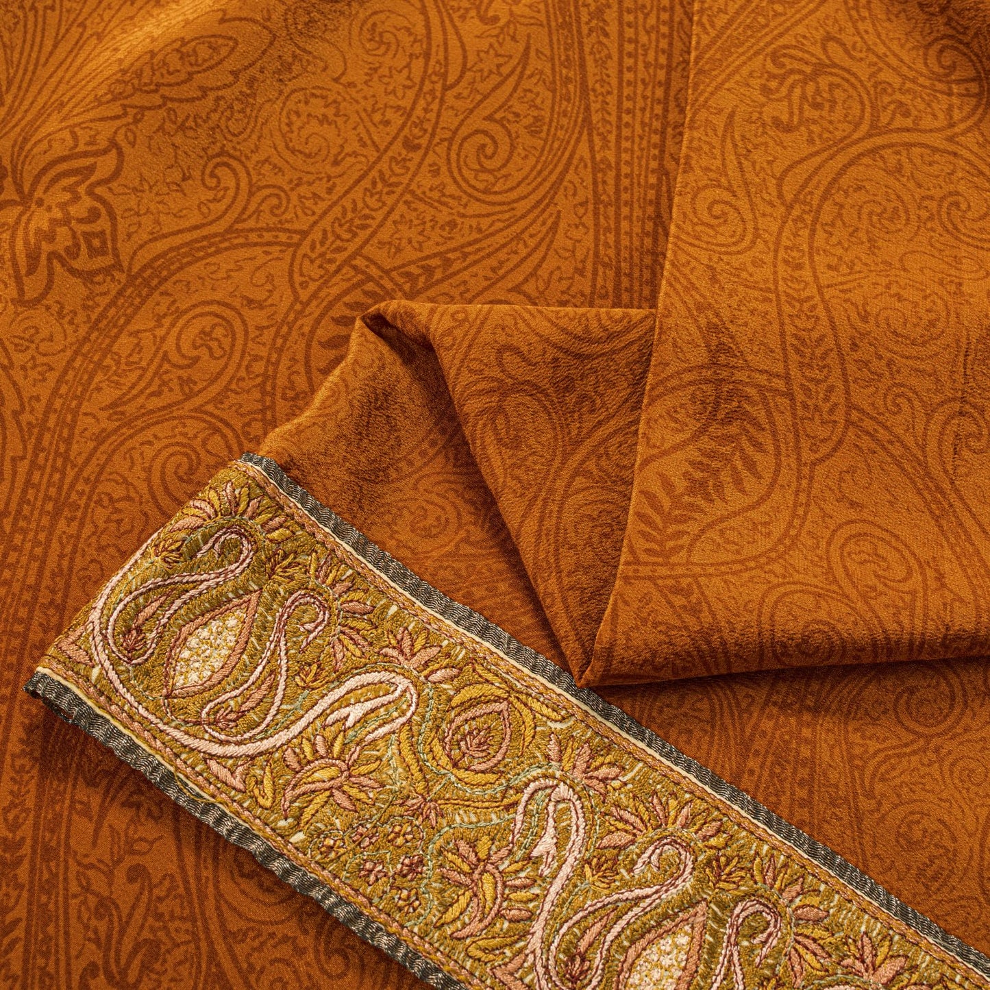 Sanskriti Vintage Saree Orange Pure Crepe Hand Embroidered Suzani-Printed Sari