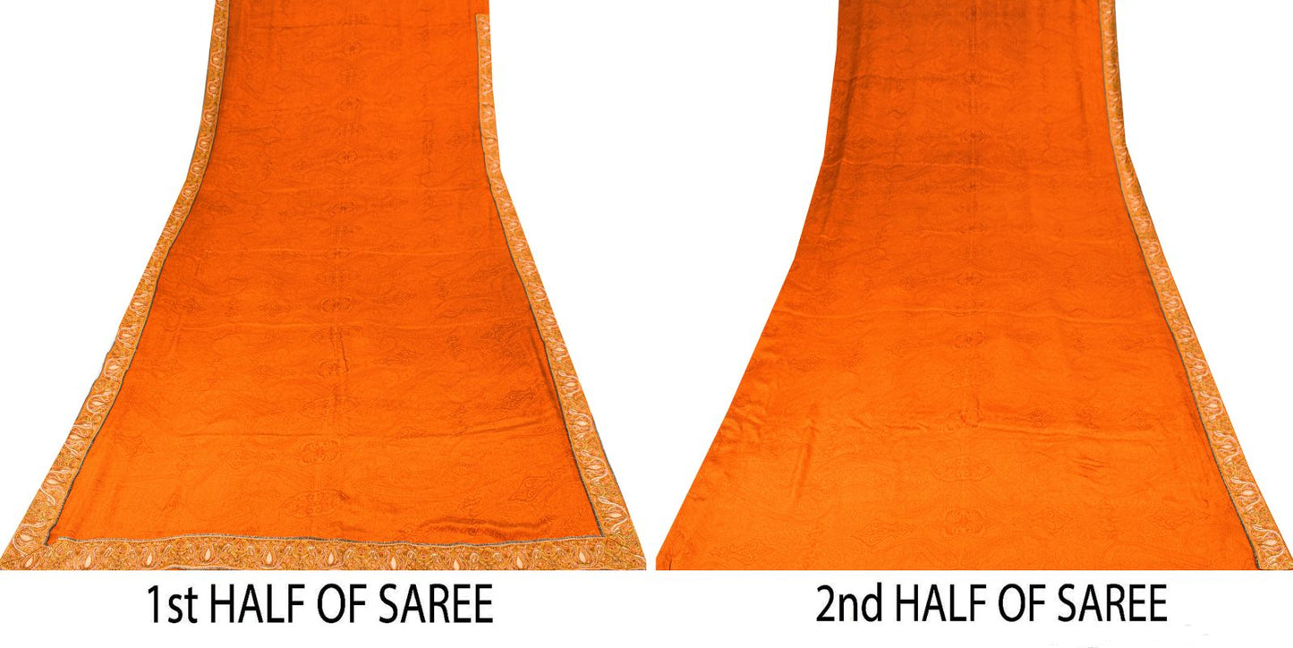 Sanskriti Vintage Saree Orange Pure Crepe Hand Embroidered Suzani-Printed Sari