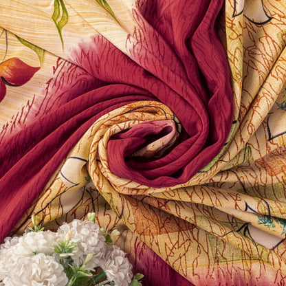 Sanskriti Vintage Saree Red Pure Crepe Floral Printed Sari 5.5Yd Craft Fabric
