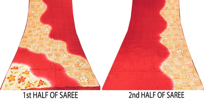 Sanskriti Vintage Saree Red Pure Crepe Floral Printed Sari 5.5Yd Craft Fabric