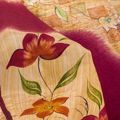 Sanskriti Vintage Saree Red Pure Crepe Floral Printed Sari 5.5Yd Craft Fabric
