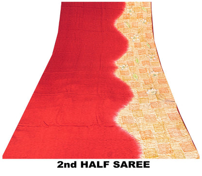 Sanskriti Vintage Saree Red Pure Crepe Floral Printed Sari 5.5Yd Craft Fabric