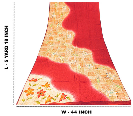 Sanskriti Vintage Saree Red Pure Crepe Floral Printed Sari 5.5Yd Craft Fabric