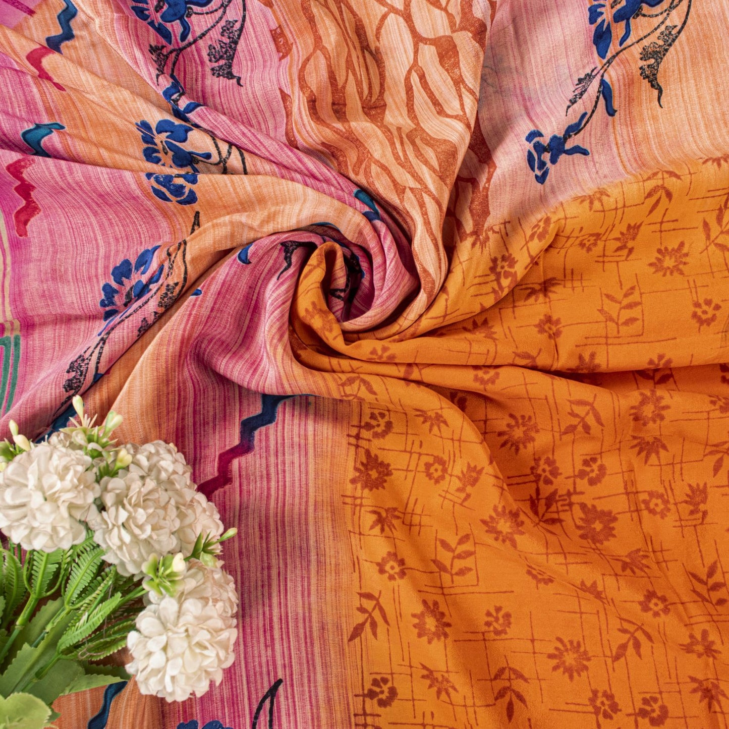Sanskriti Vintage Saree Orange Pure Crepe Floral Printed Sari 5.+Yd Craft Fabric