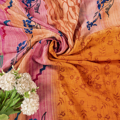 Sanskriti Vintage Saree Orange Pure Crepe Floral Printed Sari 5.+Yd Craft Fabric