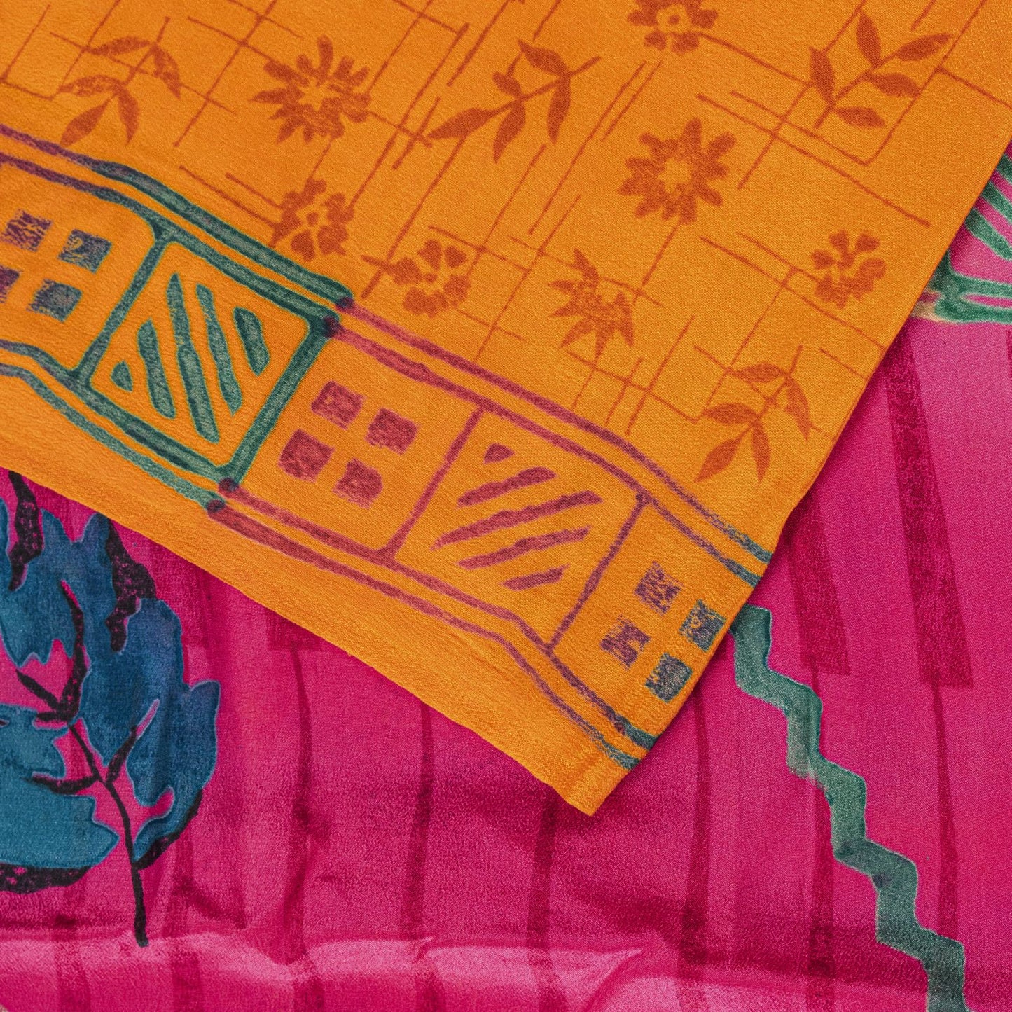 Sanskriti Vintage Saree Orange Pure Crepe Floral Printed Sari 5.+Yd Craft Fabric