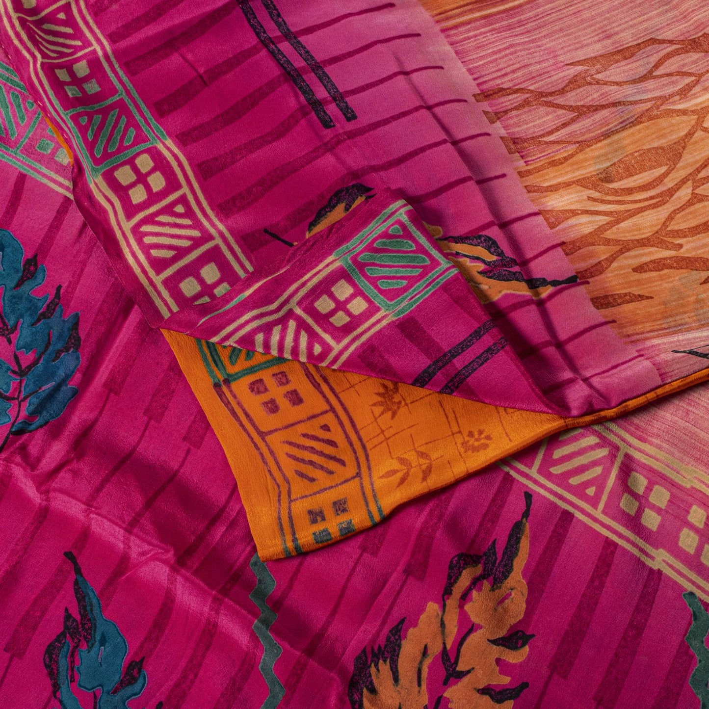 Sanskriti Vintage Saree Orange Pure Crepe Floral Printed Sari 5.+Yd Craft Fabric