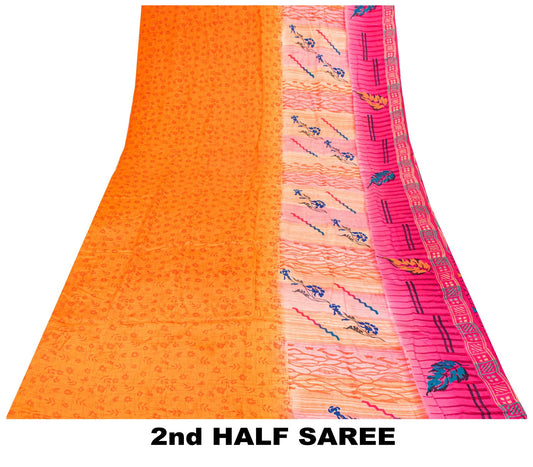 Sanskriti Vintage Saree Orange Pure Crepe Floral Printed Sari 5.+Yd Craft Fabric