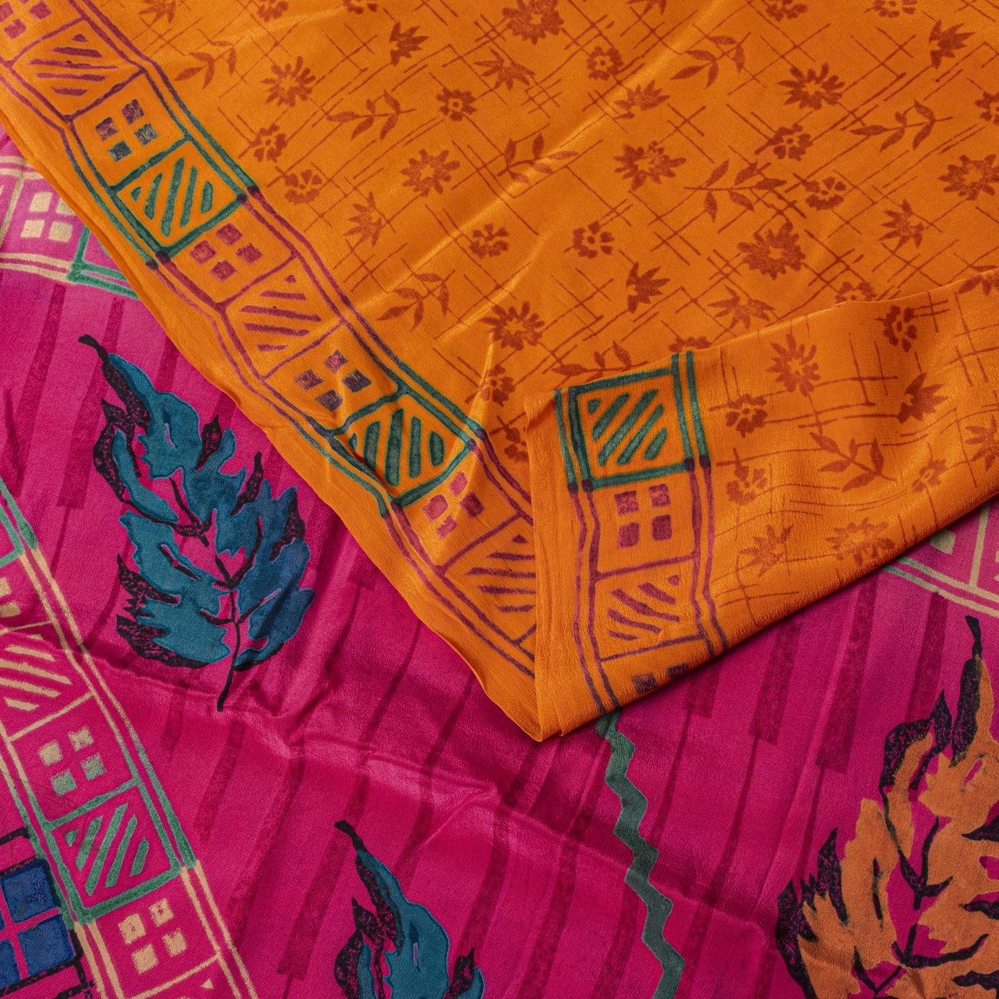 Sanskriti Vintage Saree Orange Pure Crepe Floral Printed Sari 5.+Yd Craft Fabric