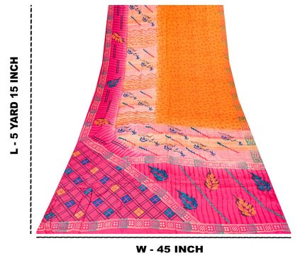 Sanskriti Vintage Saree Orange Pure Crepe Floral Printed Sari 5.+Yd Craft Fabric