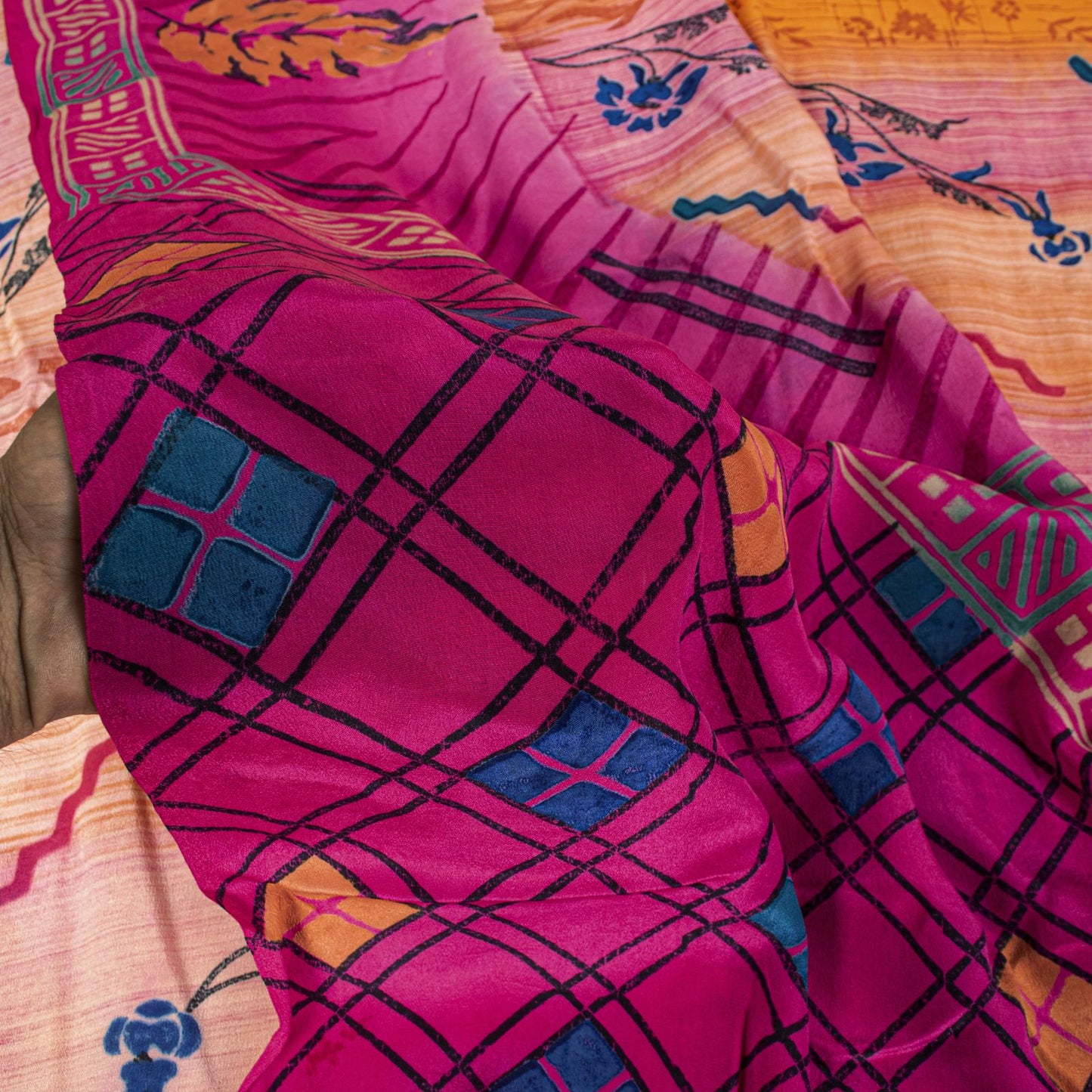 Sanskriti Vintage Saree Orange Pure Crepe Floral Printed Sari 5.+Yd Craft Fabric