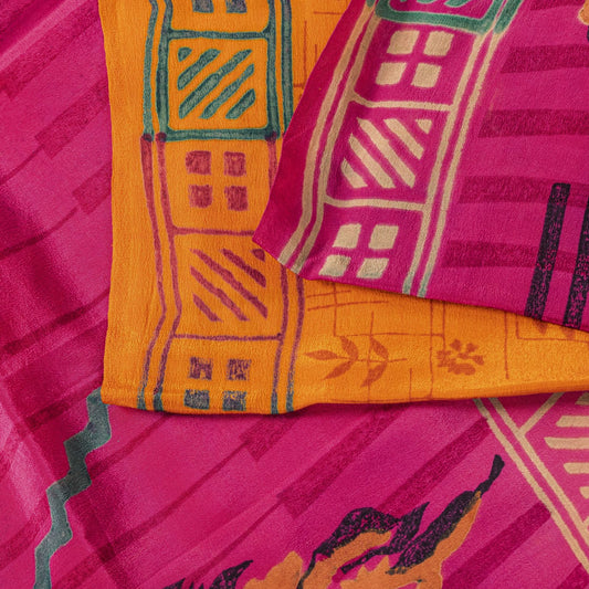 Sanskriti Vintage Saree Orange Pure Crepe Floral Printed Sari 5.+Yd Craft Fabric