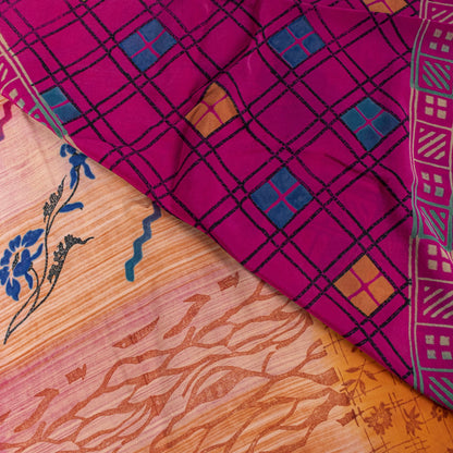 Sanskriti Vintage Saree Orange Pure Crepe Floral Printed Sari 5.+Yd Craft Fabric