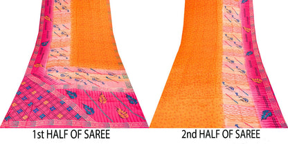 Sanskriti Vintage Saree Orange Pure Crepe Floral Printed Sari 5.+Yd Craft Fabric