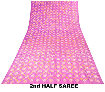 Sanskriti Vintage Saree Purple Pure Crepe Floral Bandhani Work Sari 5+Yd Fabric
