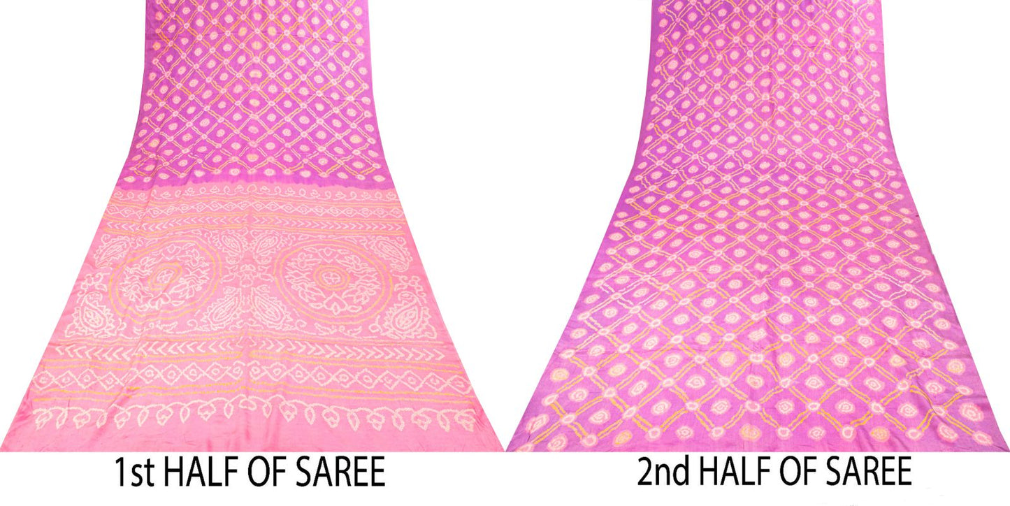Sanskriti Vintage Saree Purple Pure Crepe Floral Bandhani Work Sari 5+Yd Fabric