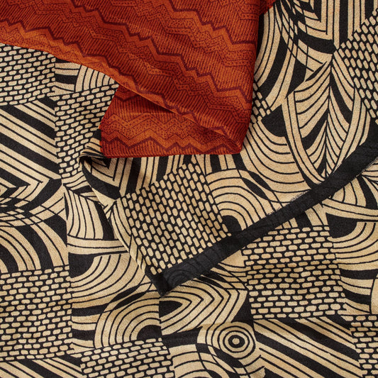 Sanskriti Vintage Saree Orange Pure Crepe Geometric Print Sari 6+Yd Craft Fabric