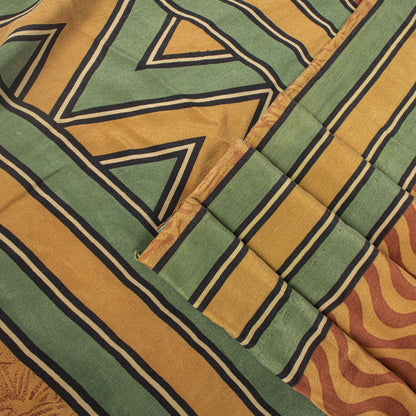 Sanskriti Vintage Saree Yellow Pure Crepe Wave LinePrint Sari 5.5Yd Craft Fabric