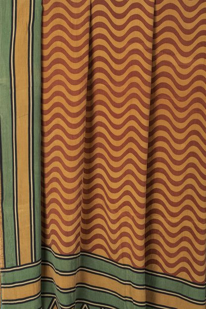 Sanskriti Vintage Saree Yellow Pure Crepe Wave LinePrint Sari 5.5Yd Craft Fabric