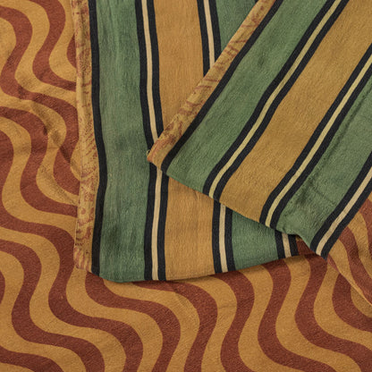 Sanskriti Vintage Saree Yellow Pure Crepe Wave LinePrint Sari 5.5Yd Craft Fabric