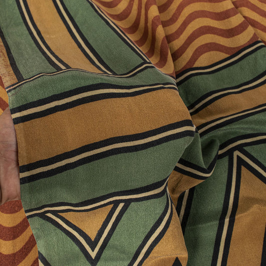 Sanskriti Vintage Saree Yellow Pure Crepe Wave LinePrint Sari 5.5Yd Craft Fabric
