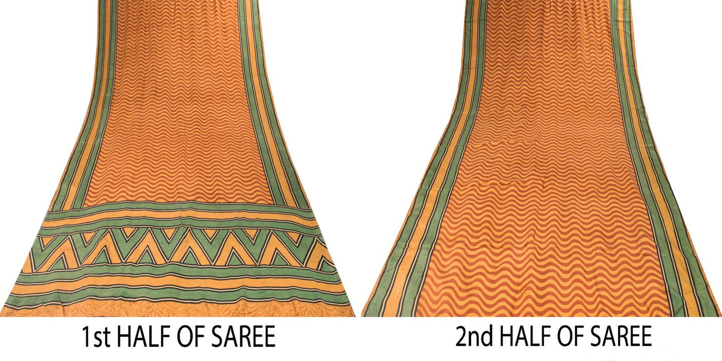 Sanskriti Vintage Saree Yellow Pure Crepe Wave LinePrint Sari 5.5Yd Craft Fabric