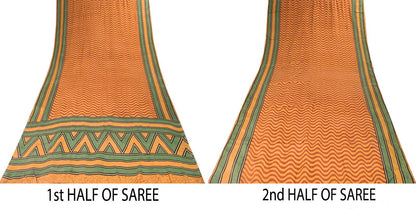 Sanskriti Vintage Saree Yellow Pure Crepe Wave LinePrint Sari 5.5Yd Craft Fabric