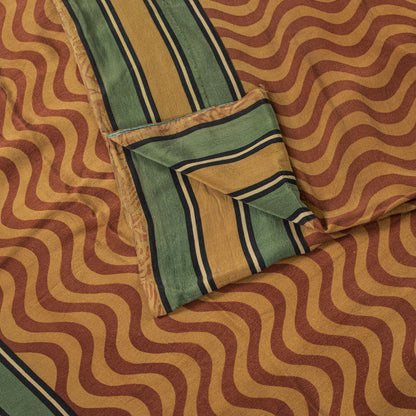 Sanskriti Vintage Saree Yellow Pure Crepe Wave LinePrint Sari 5.5Yd Craft Fabric