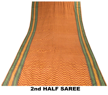 Sanskriti Vintage Saree Yellow Pure Crepe Wave LinePrint Sari 5.5Yd Craft Fabric
