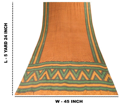 Sanskriti Vintage Saree Yellow Pure Crepe Wave LinePrint Sari 5.5Yd Craft Fabric