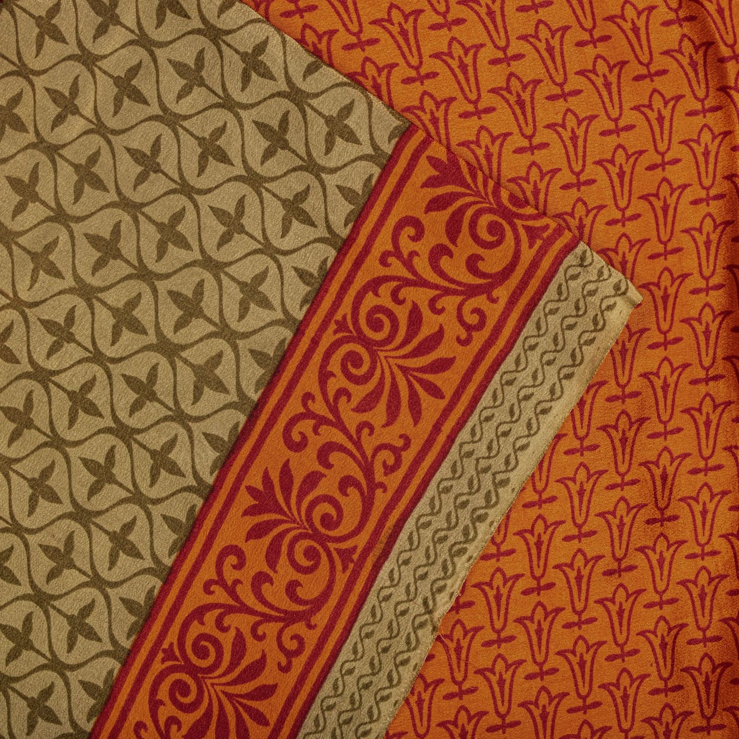 Sanskriti Vintage Saree Orange Pure Crepe Floral Print Sari 5.5+Yd Craft Fabric