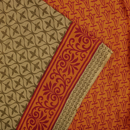 Sanskriti Vintage Saree Orange Pure Crepe Floral Print Sari 5.5+Yd Craft Fabric