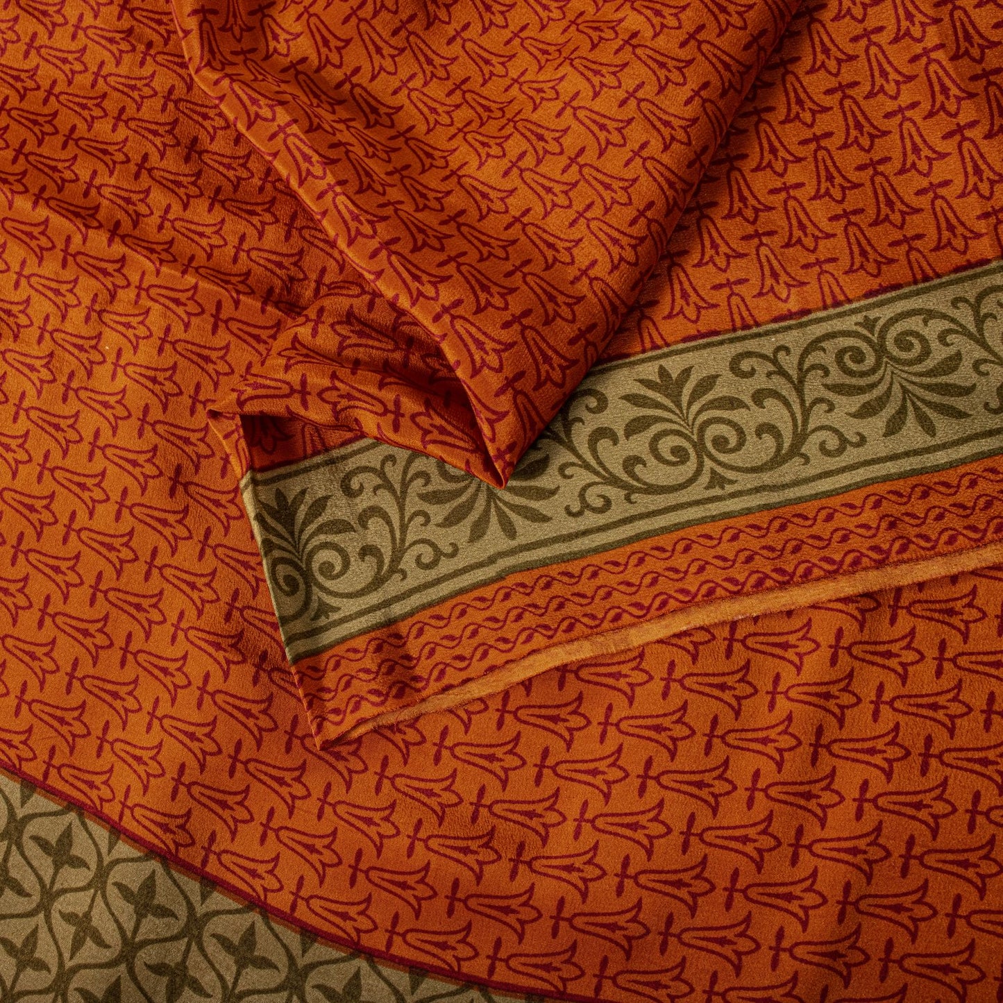 Sanskriti Vintage Saree Orange Pure Crepe Floral Print Sari 5.5+Yd Craft Fabric