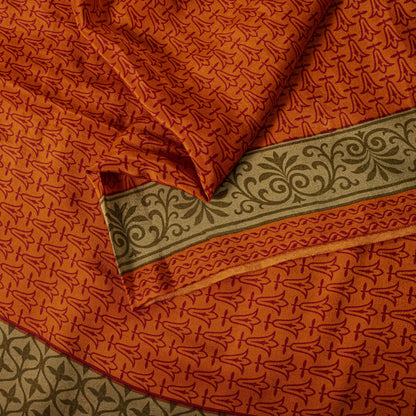 Sanskriti Vintage Saree Orange Pure Crepe Floral Print Sari 5.5+Yd Craft Fabric